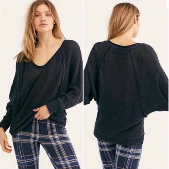 FREE PEOPLE Thien's Hacci Top Drop Shoulder Raw Seams Charcoal Gray Size Large - Picture 2 of 10